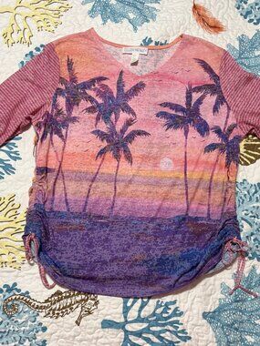 Ellen Negley Women's 3/4 Sleeve V Neck Top Wearable Art Beach Palm Trees XLP